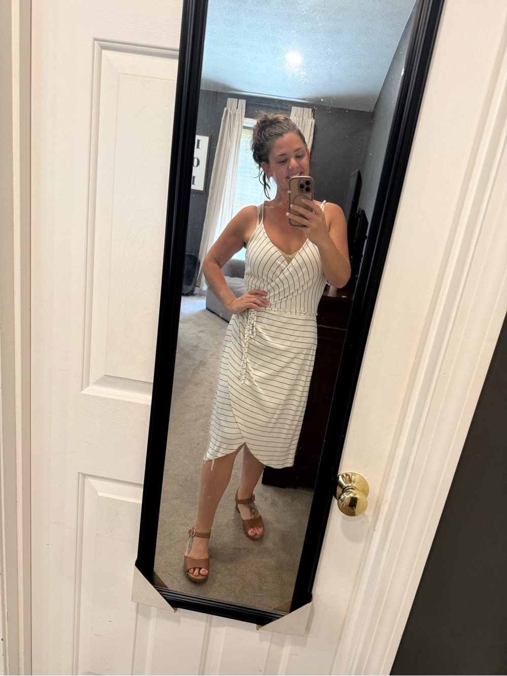 Market & Spruce White and Gray Striped Wrap Midi Dress